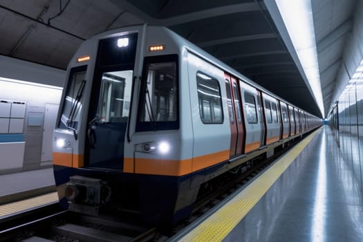 A modern and sleek subway train hurtles through an underground tunnel, its efficient and eco-friendly design featuring cutting-edge technology and pleasing aesthetics. The train offers a quick and easy mode of transportation in urban areas, seamlessly blending into the bustling city landscape. (generative AI)