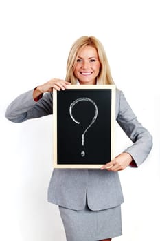business woman take question sign in hands