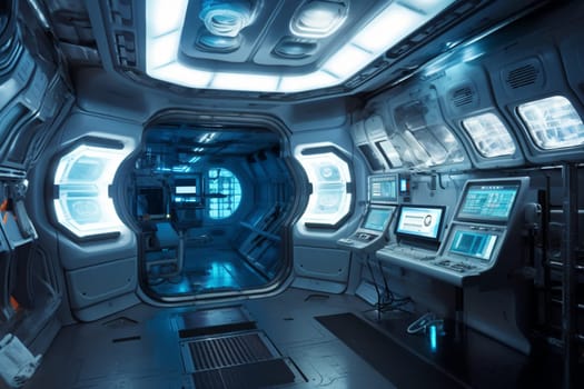 A photographer captures the sleek, high-tech design of an underwater laboratory. Cutting-edge technology hums in the background, while the neon and metallic design elements create a futuristic atmosphere. With high contrast and sharp focus, the photographer captures the detail and beauty of this unique landscape. (generative AI)