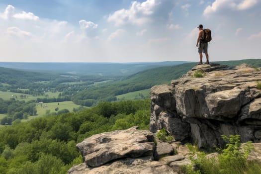 A hiker stands on a rock outcropping, gazing out at the vast expanse of a lush valley below. The brown and green tones of the nature scene create an invigorating and refreshing atmosphere. The majesty of the mountains and the vastness of the land evoke feelings of adventure, energy, and power. (generative AI)