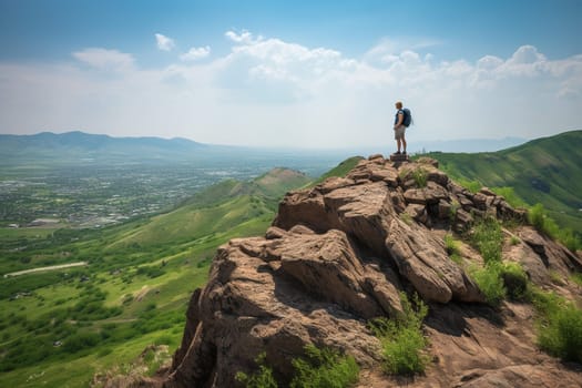 A hiker stands on a rock outcropping, gazing out at the vast expanse of a lush valley below. The brown and green tones of the nature scene create an invigorating and refreshing atmosphere. The majesty of the mountains and the vastness of the land evoke feelings of adventure, energy, and power. (generative AI)