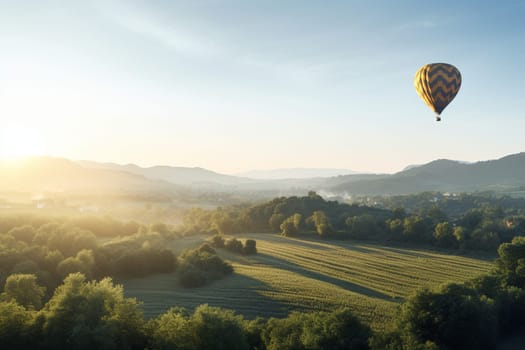 A colorful hot air balloon rises slowly into the sky above a picturesque countryside, offering passengers stunning views of rolling hills and charming villages below. The balloon's gentle movement and classic design make it the perfect transportation for a relaxing sightseeing adventure. (generative AI)
