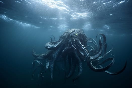 The kraken is a legendary sea monster that is said to dwell in the depths of the ocean. This massive and powerful creature can be seen emerging from the ocean during a storm, creating an epic and dramatic scene that evokes a sense of danger and awe. (generative AI)