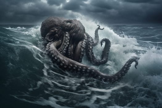 The kraken is a legendary sea monster that is said to dwell in the depths of the ocean. This creature can be seen emerging from the water during a violent storm, its tentacles thrashing about as the waves crash against the shore. The high contrast and surreal vibe only add to the moody and dark atmosphere of the shot. (generative AI)