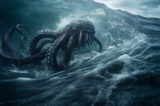 The kraken is a legendary sea monster that is said to dwell in the depths of the ocean. This massive and powerful creature can be seen emerging from the ocean during a storm, creating an epic and dramatic scene that evokes a sense of danger and awe. (generative AI)