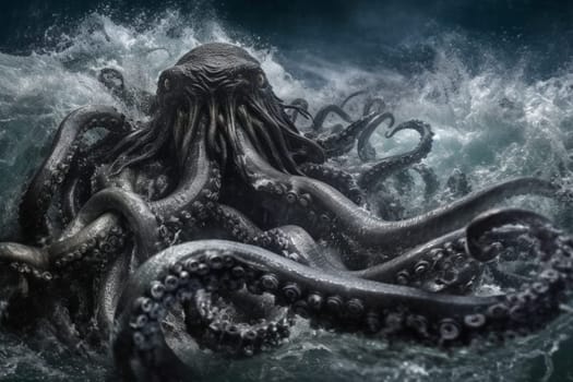 The kraken is a legendary sea monster that is said to dwell in the depths of the ocean. This creature can be seen emerging from the water during a violent storm, its tentacles thrashing about as the waves crash against the shore. The high contrast and surreal vibe only add to the moody and dark atmosphere of the shot. (generative AI)