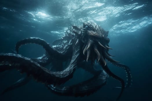 The kraken is a legendary sea monster that is said to dwell in the depths of the ocean. This massive and powerful creature can be seen emerging from the ocean during a storm, creating an epic and dramatic scene that evokes a sense of danger and awe. (generative AI)