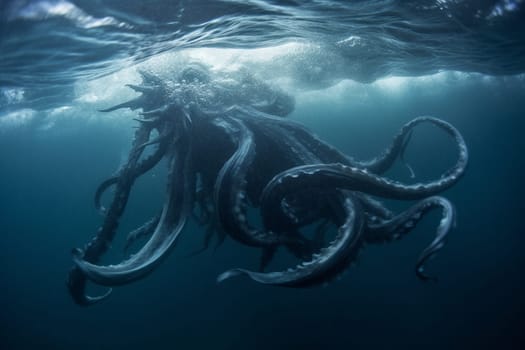 The kraken is a legendary sea monster that is said to dwell in the depths of the ocean. This massive and powerful creature can be seen emerging from the ocean during a storm, creating an epic and dramatic scene that evokes a sense of danger and awe. (generative AI)