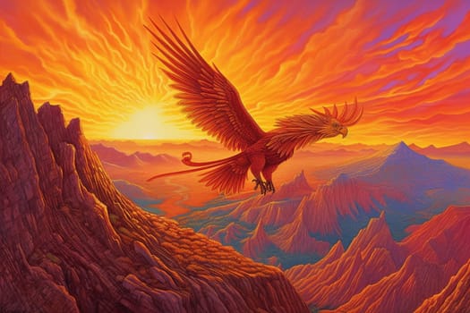 Phoenixes are legendary birds that are said to be able to regenerate from their own ashes. In this mystical scene, a majestic phoenix can be seen soaring over a mountain peak at sunrise, creating a divine and regal ambiance. The fiery colors of the phoenix and the panoramic point of view add to the majestic feeling of the scenery. (generative AI)