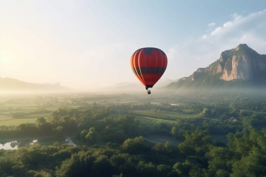 A colorful hot air balloon rises slowly into the sky above a picturesque countryside, offering passengers stunning views of rolling hills and charming villages below. The balloon's gentle movement and classic design make it the perfect transportation for a relaxing sightseeing adventure. (generative AI)