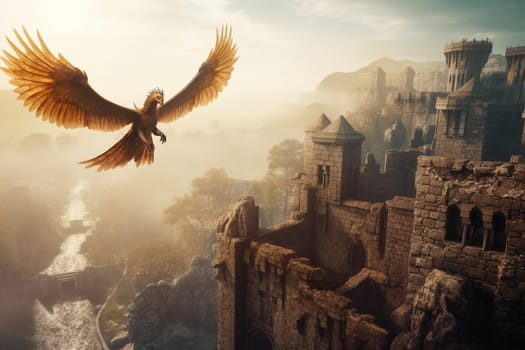 The griffin is a legendary magical creature that is part eagle and part lion. This fascinating hybrid can be seen flying over the ruins of an ancient castle, creating a mystical and breathtaking scene that evokes wonder and enchantment. The bronze colors of the castle ruins and the hazy atmosphere give the scenery a dreamy and magical quality. (generative AI)