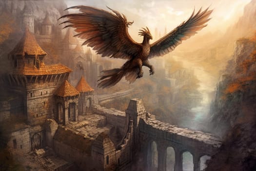 The griffin is a legendary magical creature that is part eagle and part lion. This fascinating hybrid can be seen flying over the ruins of an ancient castle, creating a mystical and breathtaking scene that evokes wonder and enchantment. The bronze colors of the castle ruins and the hazy atmosphere give the scenery a dreamy and magical quality. (generative AI)