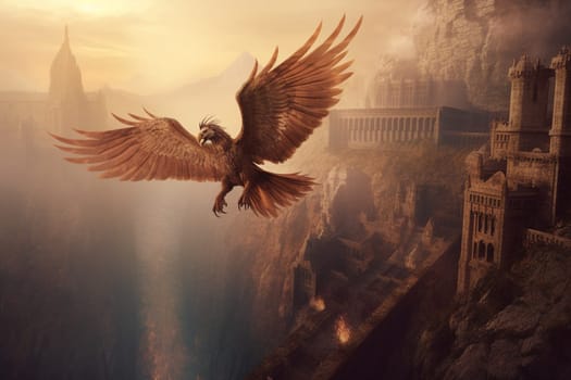 The griffin is a legendary magical creature that is part eagle and part lion. This fascinating hybrid can be seen flying over the ruins of an ancient castle, creating a mystical and breathtaking scene that evokes wonder and enchantment. The bronze colors of the castle ruins and the hazy atmosphere give the scenery a dreamy and magical quality. (generative AI)
