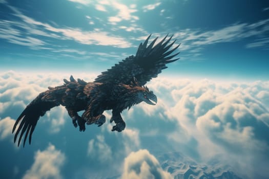 The gryphon is a legendary creature with the head of an eagle and the body of a lion. In this scene, the gryphon is soaring high above the clouds, with its wings spread out wide, creating an epic and dramatic image that is both surreal and striking. (generative AI)