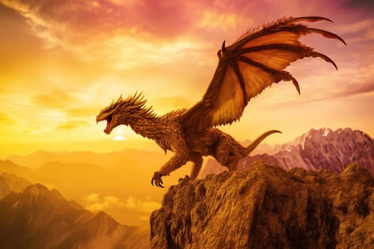 The griffin is a mythical creature that is half eagle and half lion, known for its strength, speed and agility. In this scene, a majestic griffin is seen soaring above a mountain range during a mesmerizing golden hour, creating an enchanting and magical atmosphere that captures the imagination and inspires awe. (generative AI)