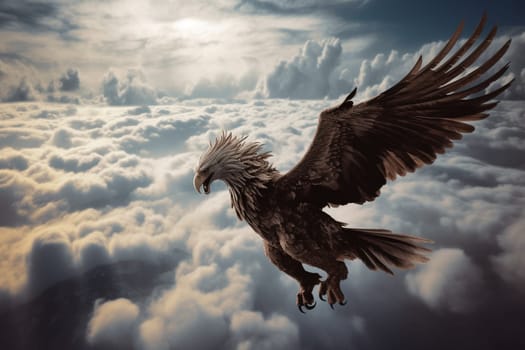 The gryphon is a legendary creature with the head of an eagle and the body of a lion. In this scene, the gryphon is soaring high above the clouds, with its wings spread out wide, creating an epic and dramatic image that is both surreal and striking. (generative AI)