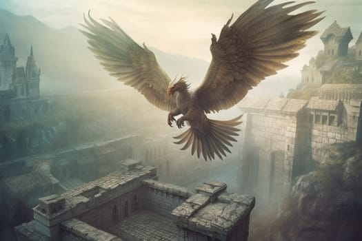 The griffin is a legendary magical creature that is part eagle and part lion. This fascinating hybrid can be seen flying over the ruins of an ancient castle, creating a mystical and breathtaking scene that evokes wonder and enchantment. The bronze colors of the castle ruins and the hazy atmosphere give the scenery a dreamy and magical quality. (generative AI)