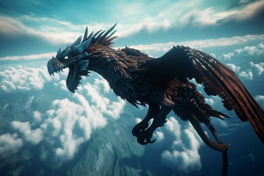The gryphon is a legendary creature with the head of an eagle and the body of a lion. In this scene, the gryphon is soaring high above the clouds, with its wings spread out wide, creating an epic and dramatic image that is both surreal and striking. (generative AI)