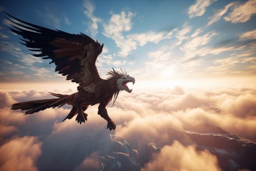 The gryphon is a legendary creature with the head of an eagle and the body of a lion. In this scene, the gryphon is soaring high above the clouds, with its wings spread out wide, creating an epic and dramatic image that is both surreal and striking. (generative AI)