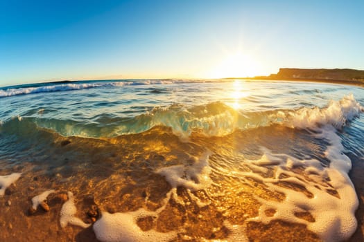 The beauty of the ocean shore and shore is unmatched. This scene boasts stunning crystal-clear waters, a golden sandy beach, and a breathtaking sunset or sunrise skyline that will leave any viewer in awe. (generative AI)