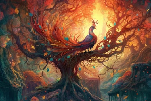 The phoenix is a bird of legend that symbolizes rebirth and transformation. In this scene, the phoenix is perched on top of a tree of life in a mystical forest, with its tail feathers spreading out into the bright colors, creating a surreal and mystical scene that evokes a sense of wonder. (generative AI)