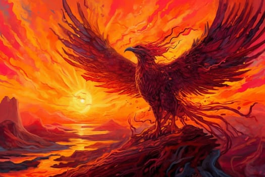 The phoenix is a symbol of rebirth and new beginnings. As it rises from the ashes, it spreads its vibrant and warm wings against the fiery sunset, creating a mesmerizing scene that is both dramatic and mystical. (generative AI)
