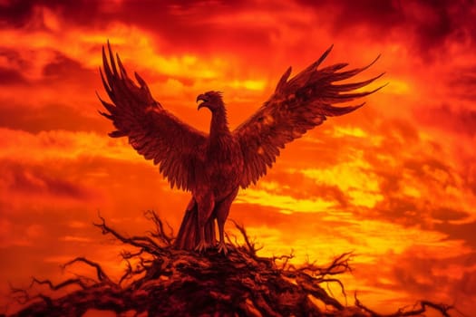 The phoenix is a symbol of rebirth and new beginnings. As it rises from the ashes, it spreads its vibrant and warm wings against the fiery sunset, creating a mesmerizing scene that is both dramatic and mystical. (generative AI)
