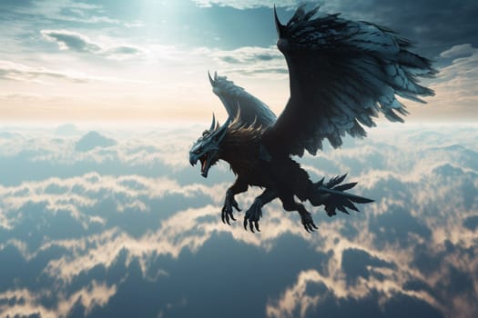 The gryphon is a legendary creature with the head of an eagle and the body of a lion. In this scene, the gryphon is soaring high above the clouds, with its wings spread out wide, creating an epic and dramatic image that is both surreal and striking. (generative AI)