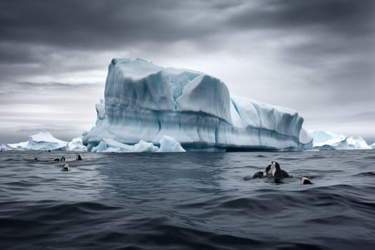 The stark contrast between the dark blue ocean and the gleaming white of the iceberg creates a dramatic and awe-inspiring scene. The curious seals swim around the iceberg, enjoying the cool, crisp waters of the Antarctic. (generative AI)