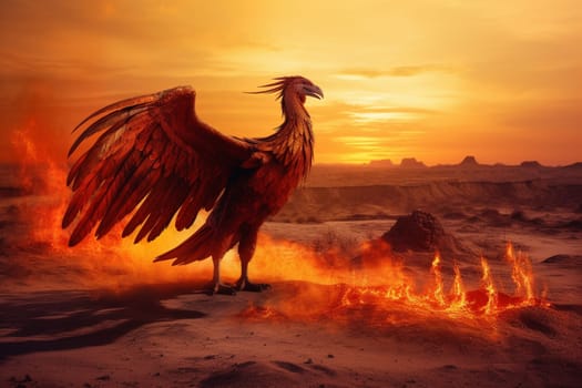 The phoenix is a mythical bird that is said to rise from the ashes of its own destruction. This majestic creature can be seen soaring above a barren wasteland, its vibrant feathers a stark contrast against the muted tones of the landscape. The fiery lighting only adds to the mystical aura surrounding the scene. (generative AI)