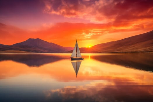 A lone sailboat drifts on a vast lake, with the mountains surrounding it in a glorious sunset. The scene is majestic and sweeping, with a peaceful and reflective quality to the light. This scene can evoke feelings of hopefulness, serenity, and grandeur. (generative AI)