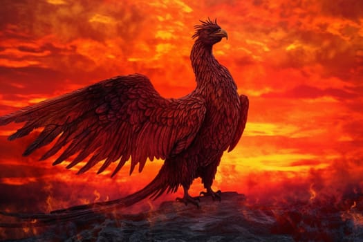The phoenix is a symbol of rebirth and new beginnings. As it rises from the ashes, it spreads its vibrant and warm wings against the fiery sunset, creating a mesmerizing scene that is both dramatic and mystical. (generative AI)