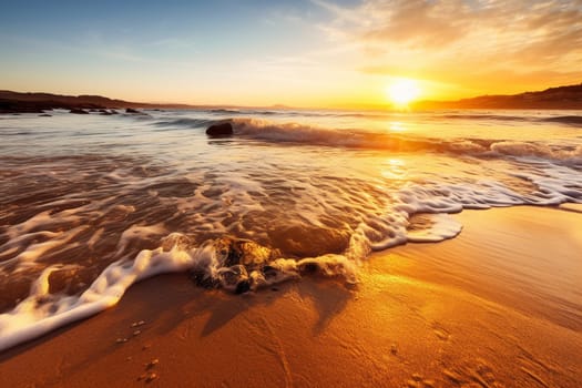 The beauty of the ocean shore and shore is unmatched. This scene boasts stunning crystal-clear waters, a golden sandy beach, and a breathtaking sunset or sunrise skyline that will leave any viewer in awe. (generative AI)