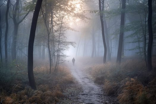 A lone person walks through a misty forest at dawn, their footsteps quiet and peaceful in the stillness of the wilderness. The mist creates a mysterious atmosphere, as if the forest is alive and full of secrets. This scene can evoke feelings of contemplation, peace, and a sense of wonder at the beauty of the natural world. (generative AI)