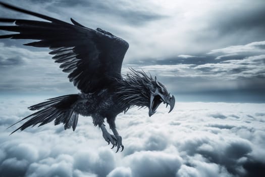 The gryphon is a legendary creature with the head of an eagle and the body of a lion. In this scene, the gryphon is soaring high above the clouds, with its wings spread out wide, creating an epic and dramatic image that is both surreal and striking. (generative AI)