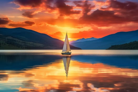 A lone sailboat drifts on a vast lake, with the mountains surrounding it in a glorious sunset. The scene is majestic and sweeping, with a peaceful and reflective quality to the light. This scene can evoke feelings of hopefulness, serenity, and grandeur. (generative AI)