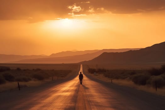 A solitary figure walks down a dusty road, the sun setting in a blaze of orange and gold on the horizon. The scene is moody and mysterious, with the traveler silhouetted against the desolate landscape. This scene can evoke feelings of adventure, contemplation, and nostalgia. (generative AI)