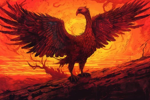 The phoenix is a symbol of rebirth and new beginnings. As it rises from the ashes, it spreads its vibrant and warm wings against the fiery sunset, creating a mesmerizing scene that is both dramatic and mystical. (generative AI)