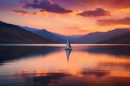 A lone sailboat drifts on a vast lake, with the mountains surrounding it in a glorious sunset. The scene is majestic and sweeping, with a peaceful and reflective quality to the light. This scene can evoke feelings of hopefulness, serenity, and grandeur. (generative AI)