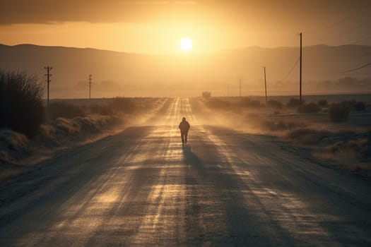 A solitary figure walks down a dusty road, the sun setting in a blaze of orange and gold on the horizon. The scene is moody and mysterious, with the traveler silhouetted against the desolate landscape. This scene can evoke feelings of adventure, contemplation, and nostalgia. (generative AI)