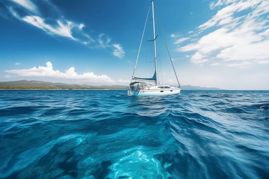 A luxurious yacht sails through clear, sparkling Caribbean waters, offering its passengers breathtaking views of tropical islands and coral reefs. The yacht's sleek design and elegant décor make it the ultimate in luxury transportation. (generative AI)