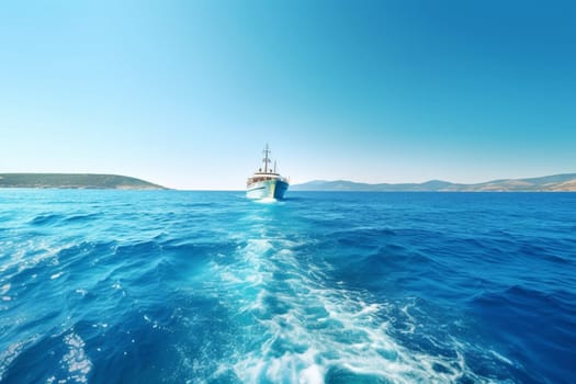 A massive luxury yacht sails through the crystal-clear waters of the Mediterranean Sea, its well-appointed decks providing every comfort imaginable for its wealthy passengers. The yacht's crew attends to their every need, ensuring a carefree and indulgent experience. (generative AI)