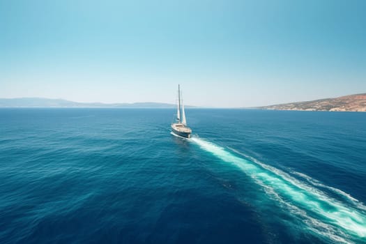A massive luxury yacht sails through the crystal-clear waters of the Mediterranean Sea, its well-appointed decks providing every comfort imaginable for its wealthy passengers. The yacht's crew attends to their every need, ensuring a carefree and indulgent experience. (generative AI)