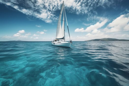 A luxurious yacht sails through clear, sparkling Caribbean waters, offering its passengers breathtaking views of tropical islands and coral reefs. The yacht's sleek design and elegant décor make it the ultimate in luxury transportation. (generative AI)