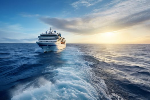 A magnificent cruise ship glides through the calm waters of the ocean, giving passengers a taste of the high life with lavish amenities and luxurious accommodations. The ship's grand design and graceful movement make it a true spectacle of transportation at sea. (generative AI)