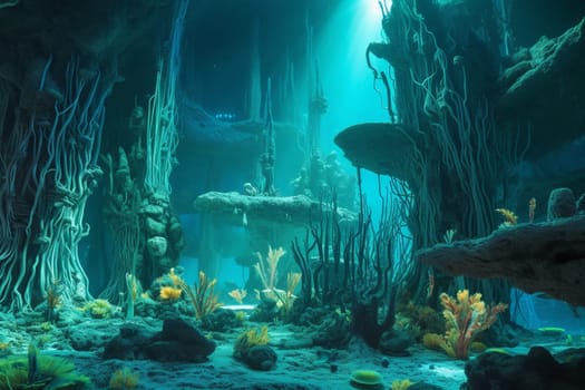 This surreal and mysterious underwater world is filled with towering, neon-lit coral structures and ethereal bioluminescent sea creatures. The scene is both awe-inspiring and eerie, drawing the viewer into an otherworldly realm. (generative AI)