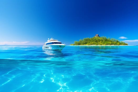 A magnificent yacht with a majestic design, quietly floats atop clear blue waters, with lush tropical island in the background. The luxurious exterior of the yacht and its impeccable finish look lustrous in the shimmering golden light that falls upon it. (generative AI)