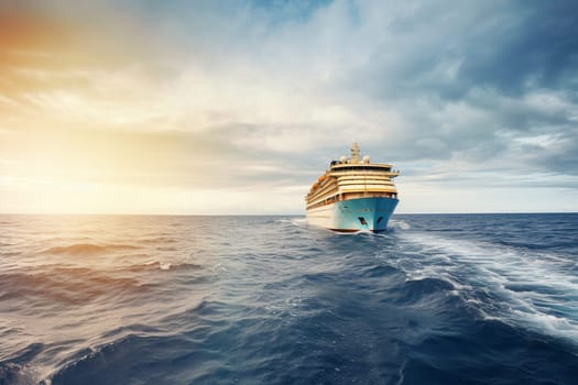 A magnificent cruise ship glides through the calm waters of the ocean, giving passengers a taste of the high life with lavish amenities and luxurious accommodations. The ship's grand design and graceful movement make it a true spectacle of transportation at sea. (generative AI)