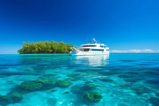 A magnificent yacht with a majestic design, quietly floats atop clear blue waters, with lush tropical island in the background. The luxurious exterior of the yacht and its impeccable finish look lustrous in the shimmering golden light that falls upon it. (generative AI)