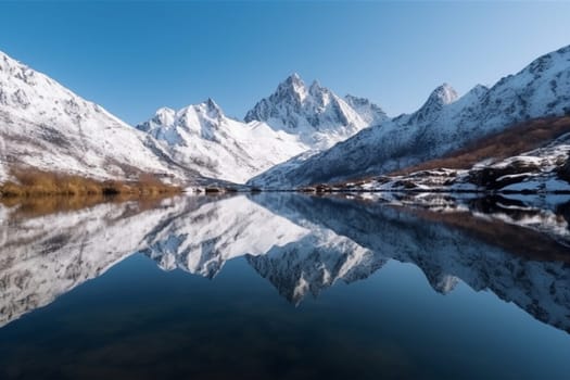 Enjoy the breathtaking view of snow-capped mountains towering over a calm lake, reflecting the surrounding landscape. The sharp focus and panoramic perspective of this stunning landscape make it a must-have for landscape photography enthusiasts. (generative AI)